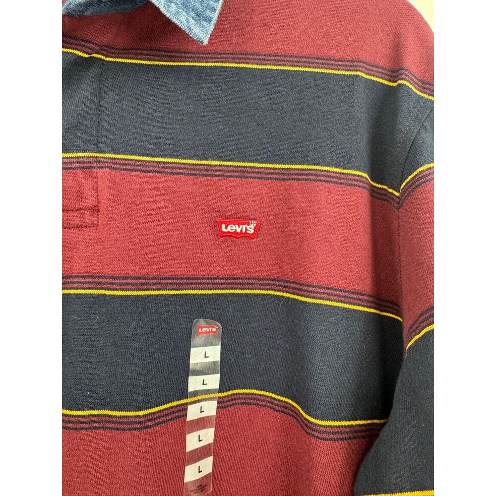 Levi's Preppy Rugby Polo Shirt Men Large Maroon Navy Striped Classic Varsity - Picture 4 of 9
